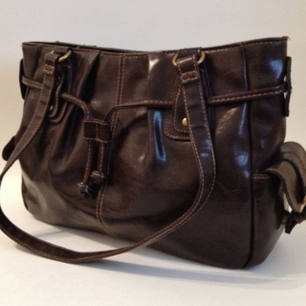 Rich Brown Faux Leather Purse Handbag Tote Side Pockets Metal Studs Buckles